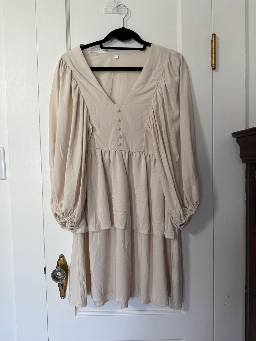 SHEIN Cream V-Neck Buttoned Tiered Long Sleeve Dress